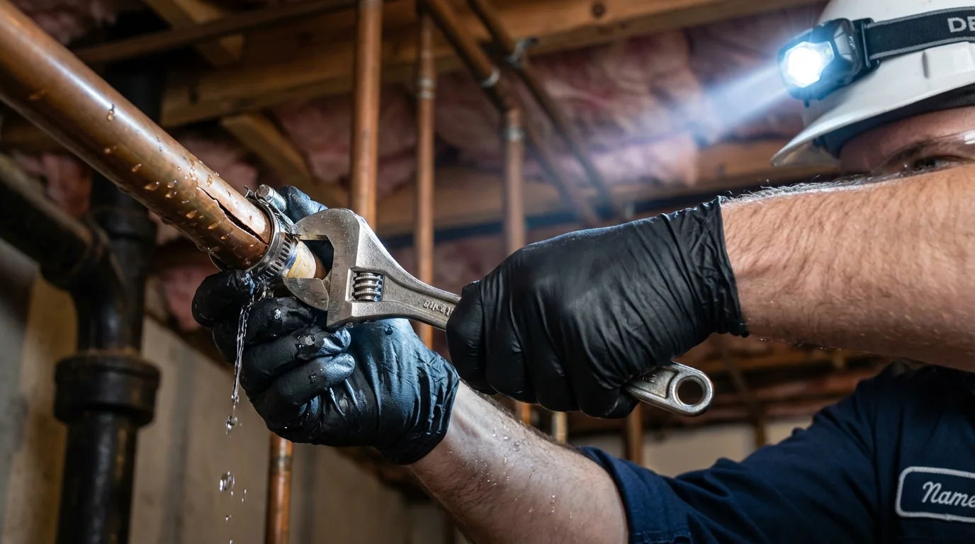Emergency pipe clamp repair being performed by a Johns Plumbing LLC plumber in Pahokee